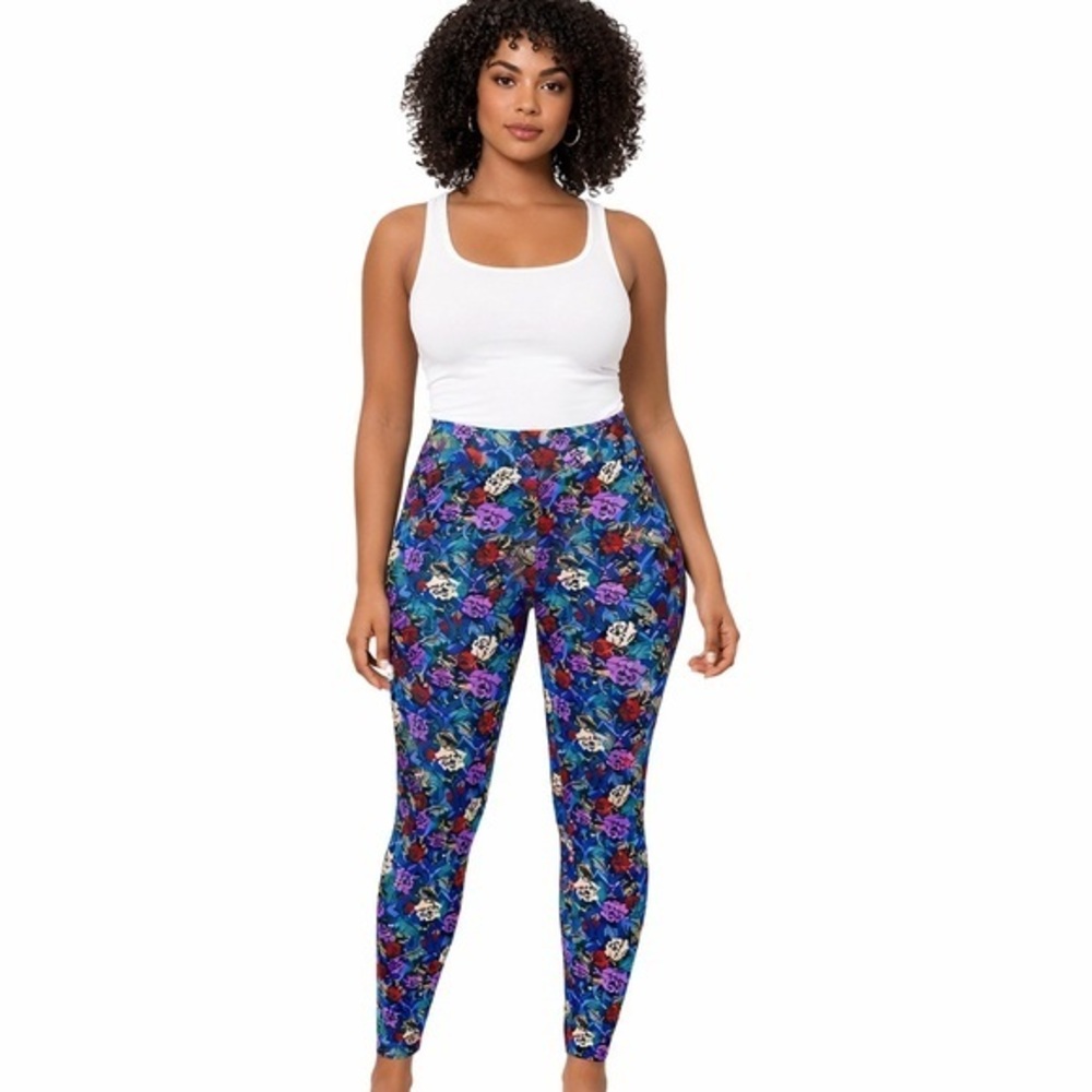 Lularoe One Size Floral Print Leggings Rose Print Multi color Super Soft
